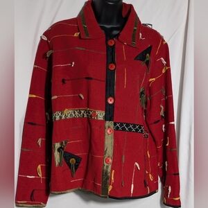 Women's Red Art Deco Multicolored Tapestry Style Button Front Jacket | Size‎ M
